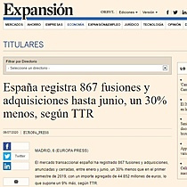 Espaa registra 867 fusiones y adquisiciones hasta junio, un 30% menos, segn TTR